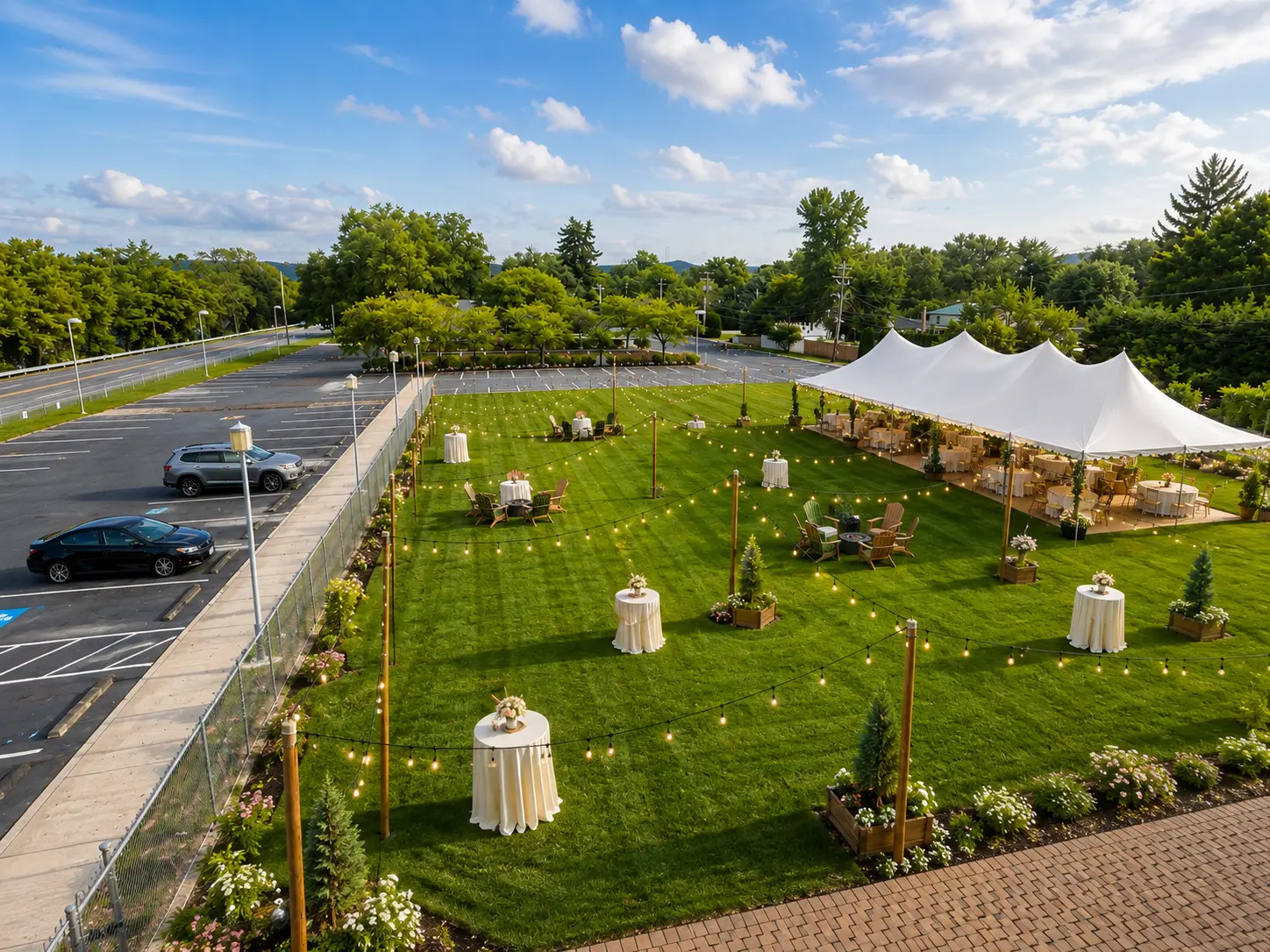 The riverfront lawn set with a white tent, string lights and cocktail tables