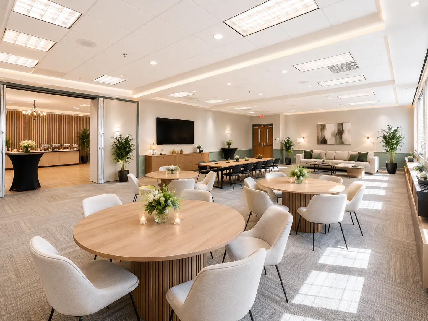 A modern conference room set with round tables and floral centerpieces